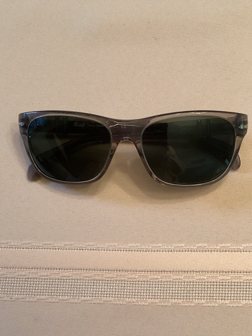 Persol Translucent Gray Frame Sunglasses with Dark Green Lenses